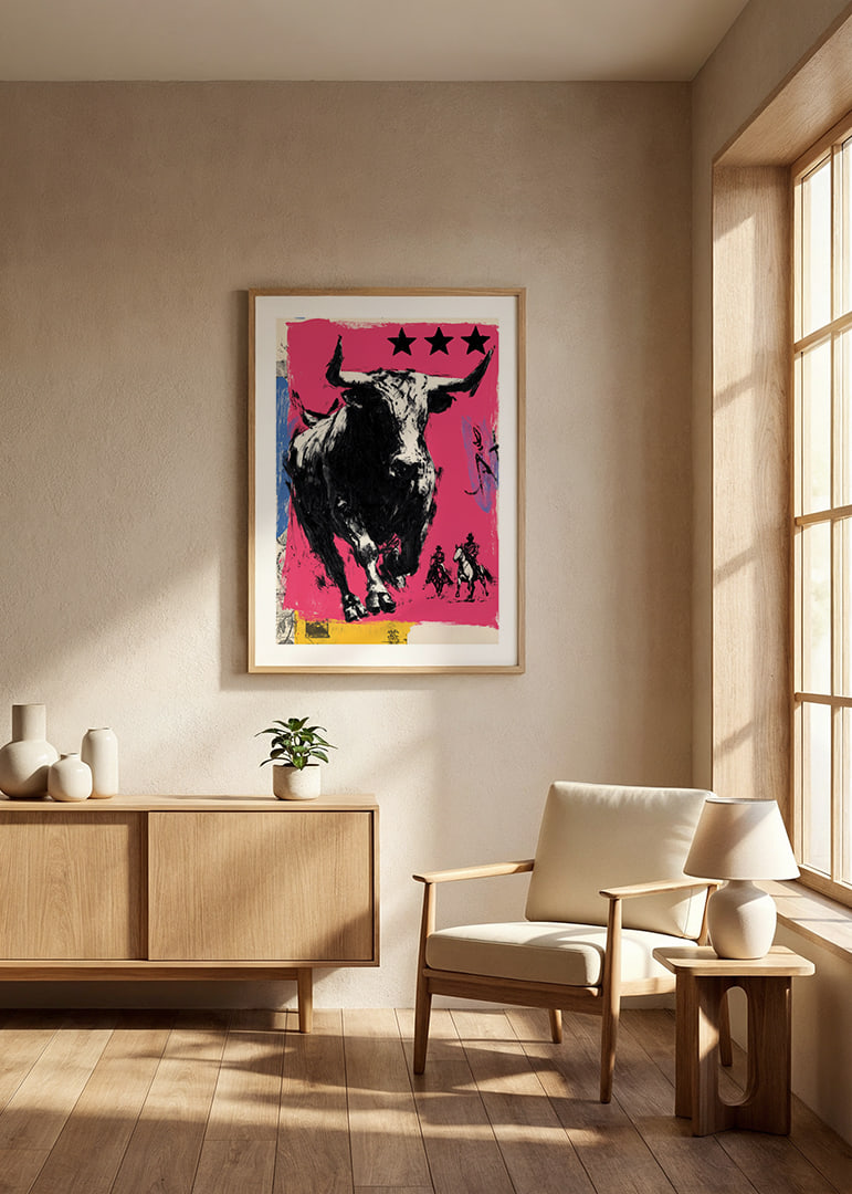 The bull rushes forward across a vibrant pink background.-12