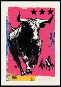 The bull rushes forward across a vibrant pink background.-2