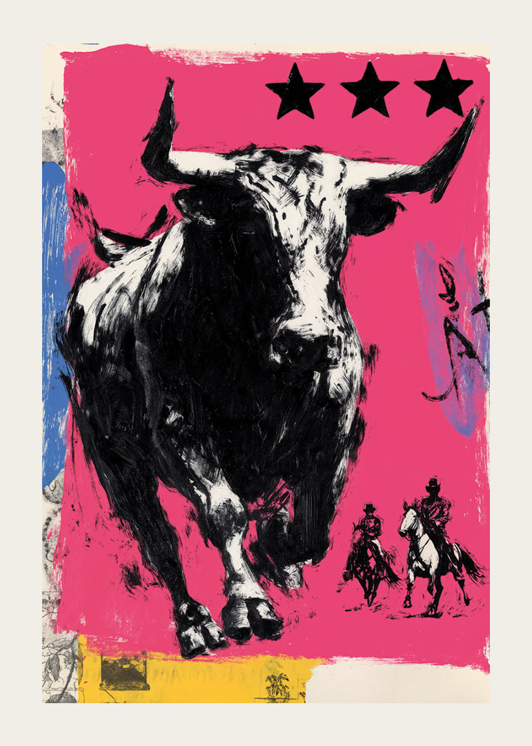The bull rushes forward across a vibrant pink background.-12