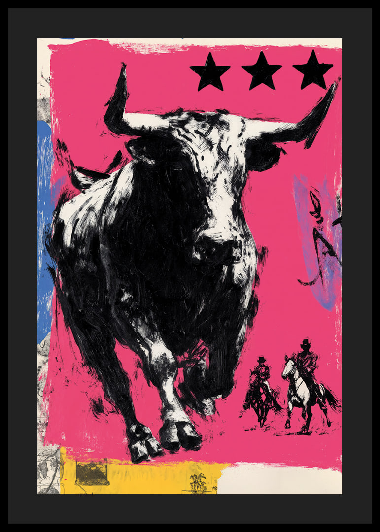 The bull rushes forward across a vibrant pink background.-12