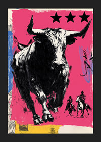 The bull rushes forward across a vibrant pink background.-5