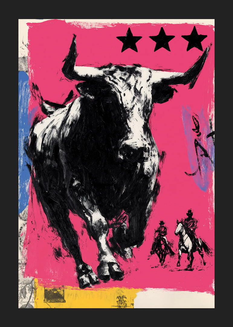 The bull rushes forward across a vibrant pink background.-12
