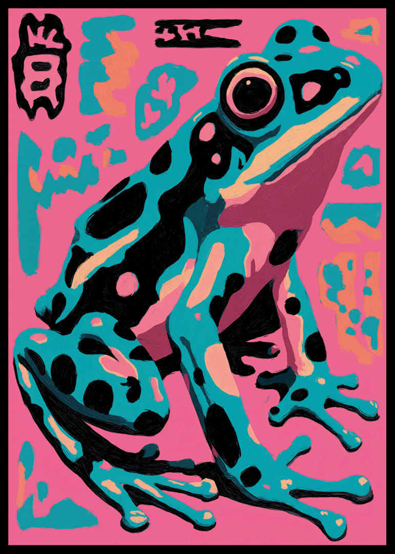 Farverig frø i pop art-stil på lyserød baggrund.-12