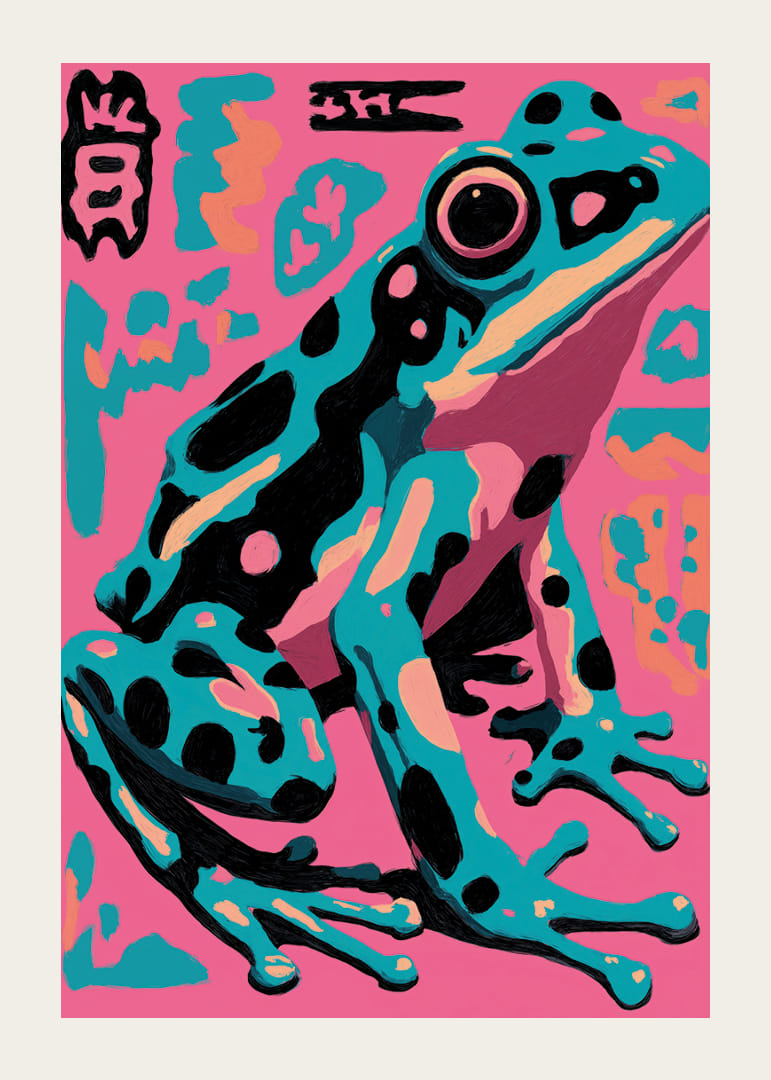 Colorful frog in pop art style on pink background.-12