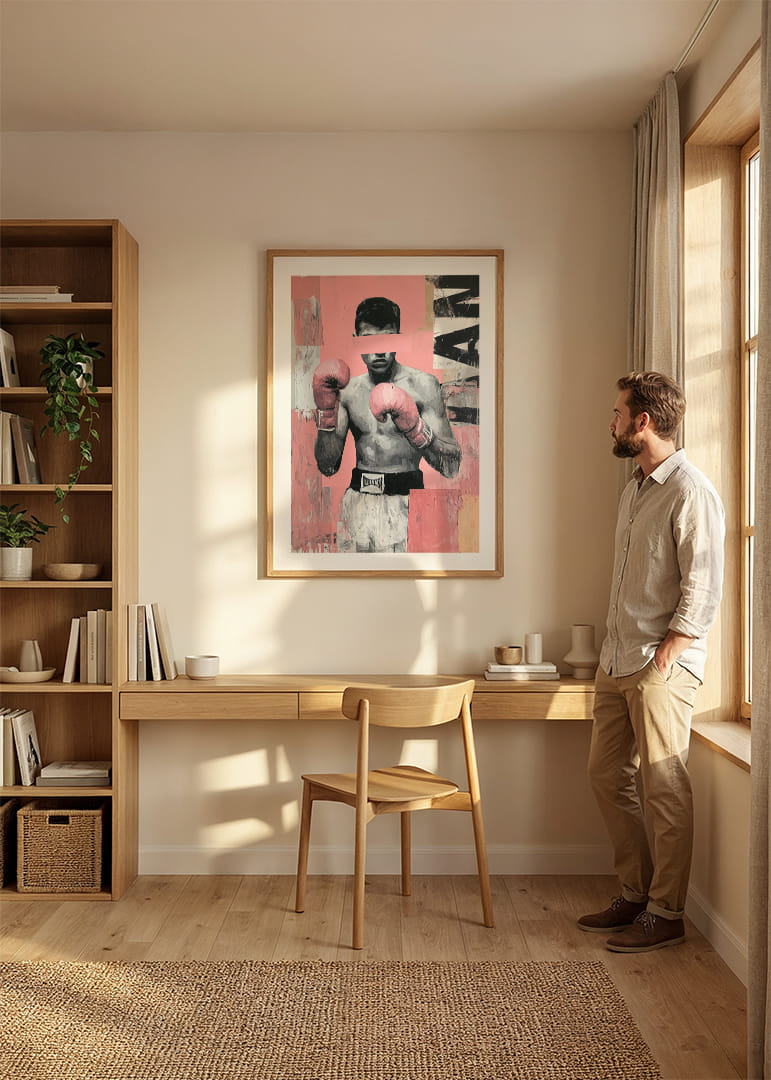 En stærk plakat af en bokser med lyserøde handsker.-12