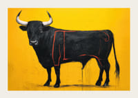 Black bull on a golden background exudes power and elegance.-3