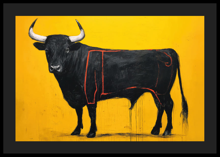 Black bull on a golden background exudes power and elegance.-12