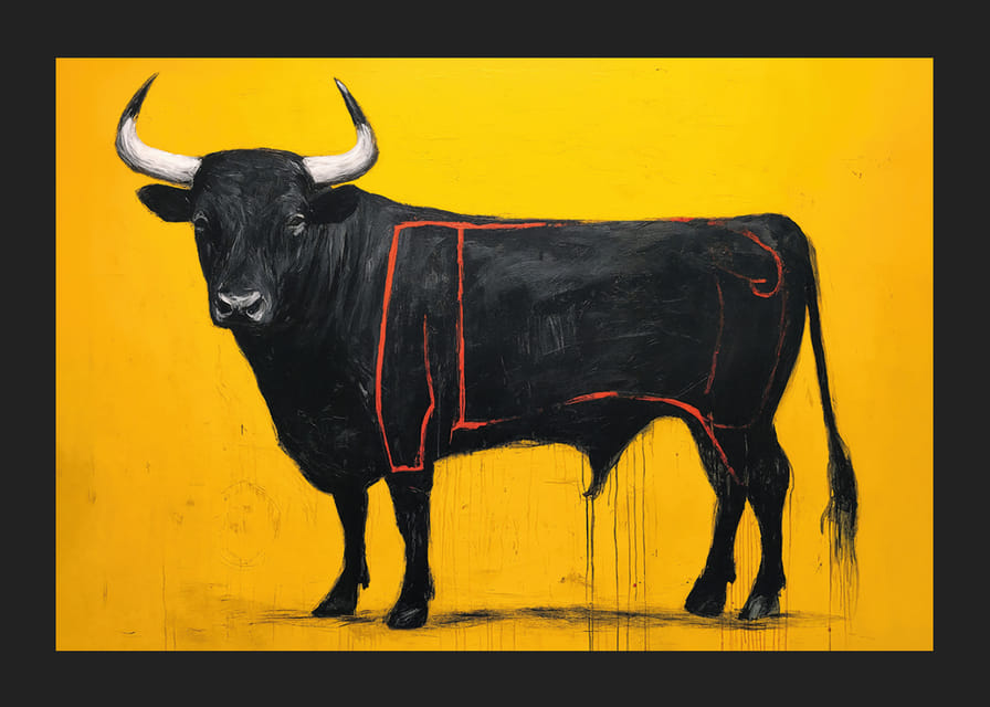 Black bull on a golden background exudes power and elegance.-12