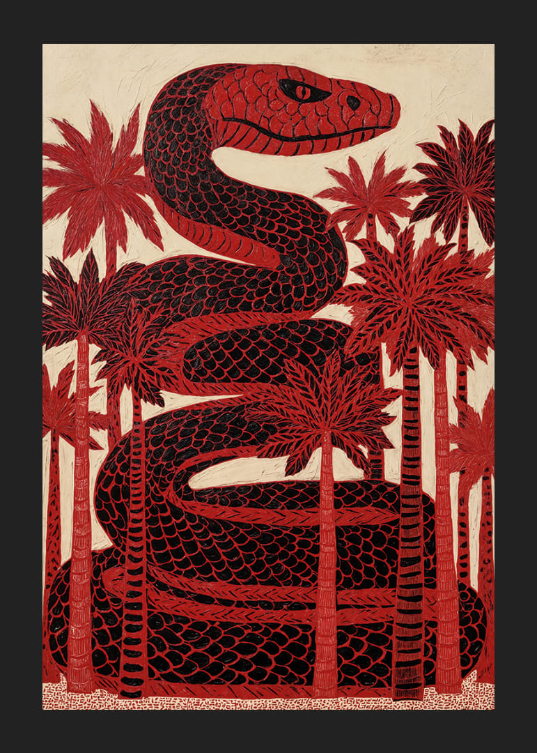 An impressive snake loop among red palm trees.-12