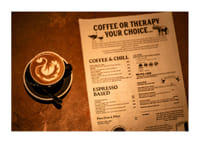 A hot cup of coffee alongside an engaging menu selection.-3