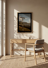 A road sign towards the mountains and the sea in the glow of sunset.-8
