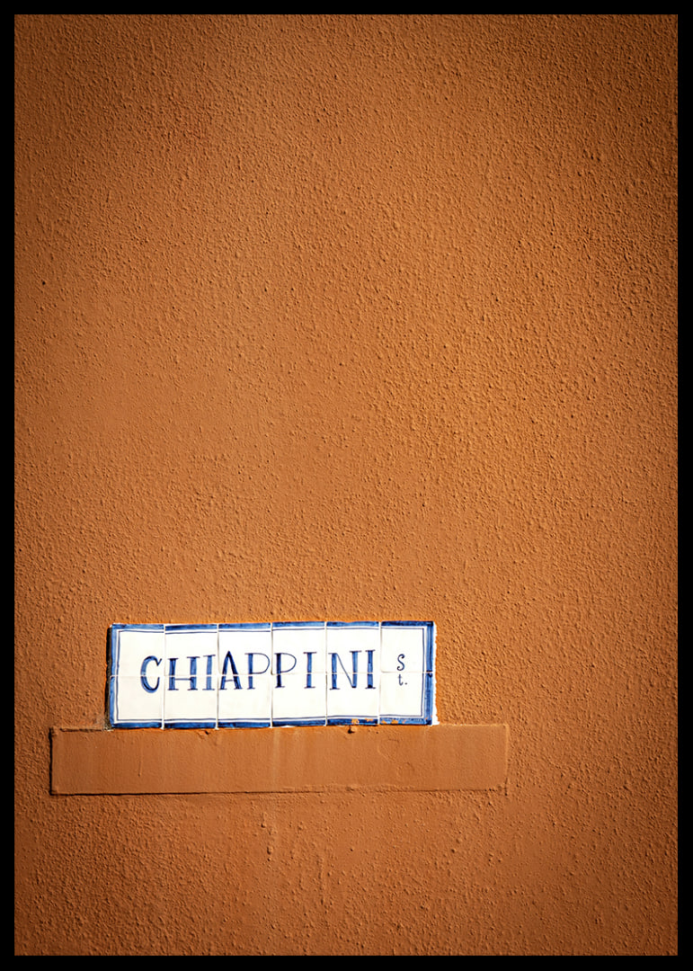 Warm terracotta-colored wall element with stylish street name.-12