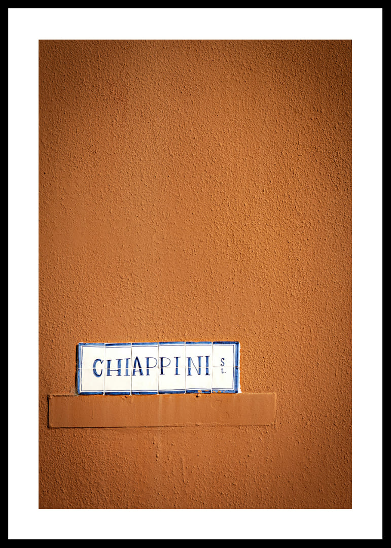 Warm terracotta-colored wall element with stylish street name.-12