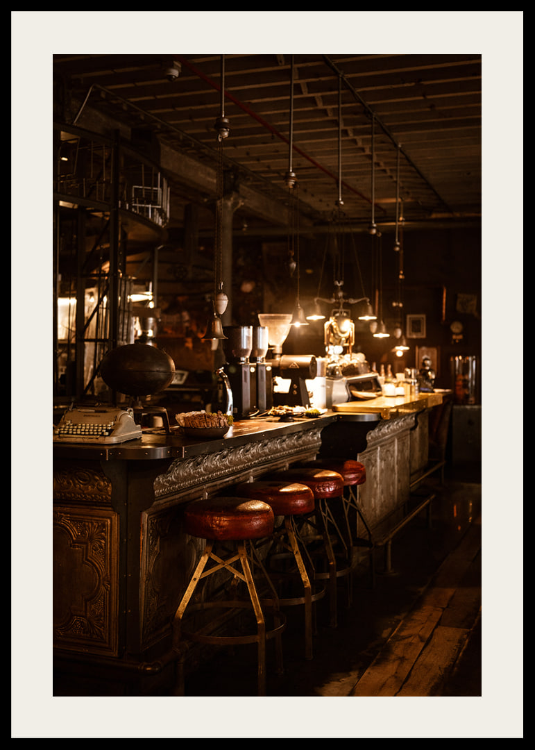 Mysigt kafé med vintagebelysning och träinredning.-12