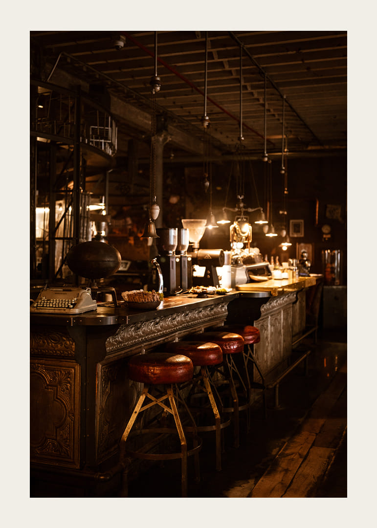 Cozy café with vintage lighting and wooden interior.-12