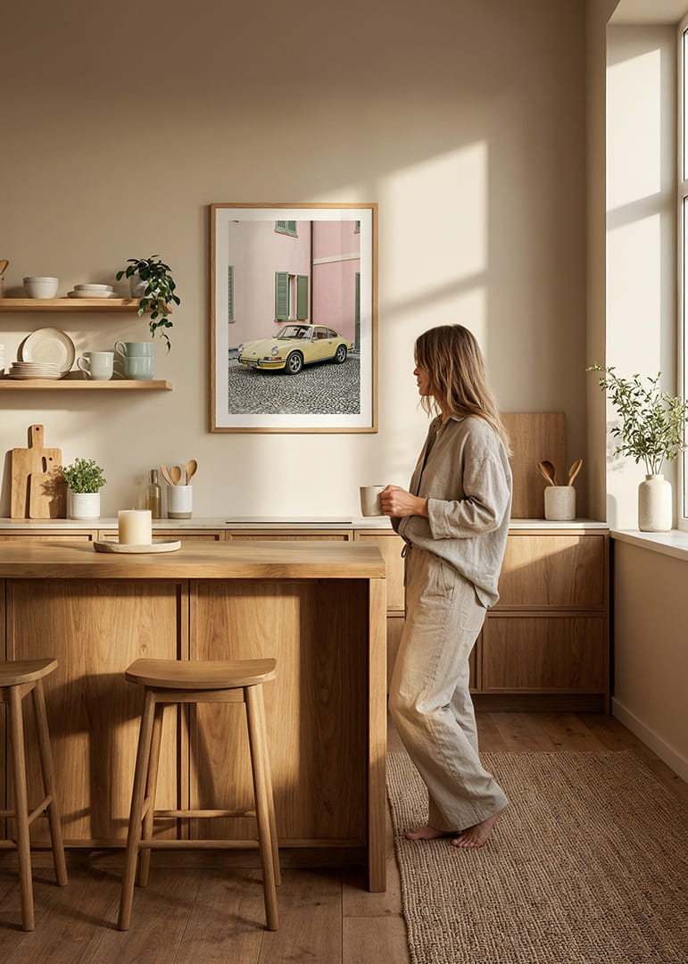 Burvīgs pasteļdzeltens Porsche 911 rozā sienas priekšā rada retro sajūtu.-12