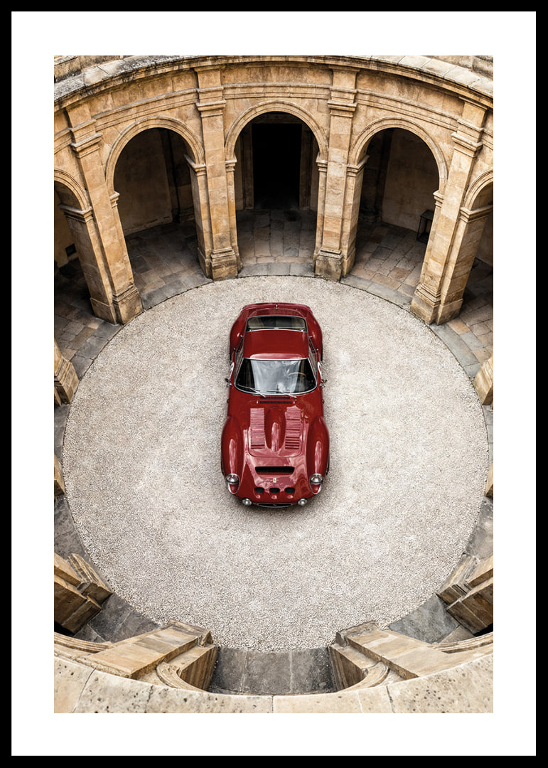 A red classic Ferrari 250 GTO in a majestic courtyard.-12