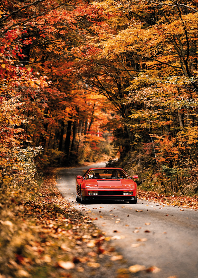 A red Ferrari Testarossa is surrounded by the glowing colors of autumn.-12