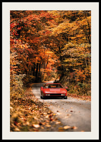 En röd Ferrari Testarossa omges av höstens glödande färger.-2