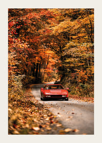 En röd Ferrari Testarossa omges av höstens glödande färger.-3