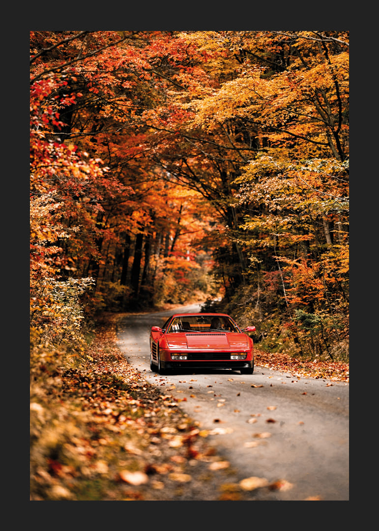 En röd Ferrari Testarossa omges av höstens glödande färger.-12