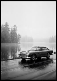 A classic Aston Martin DB5 by a foggy seaway exudes calm and nostalgia.-6