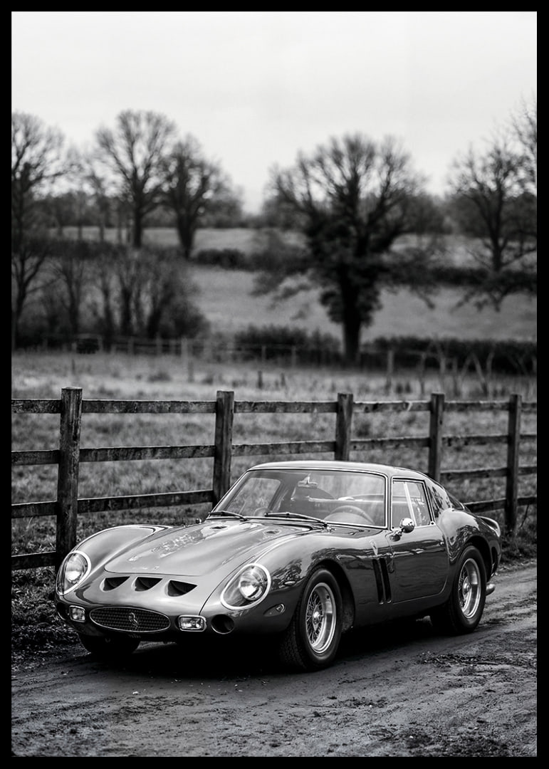 En klassisk Ferrari 250 GTO står ståtlig på en grusväg omgiven av träd.-12