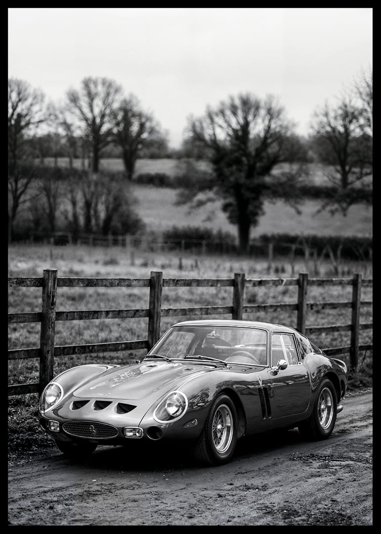 En klassisk Ferrari 250 GTO står ståtlig på en grusväg omgiven av träd.-12