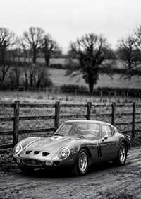En klassisk Ferrari 250 GTO står ståtlig på en grusväg omgiven av träd.-7
