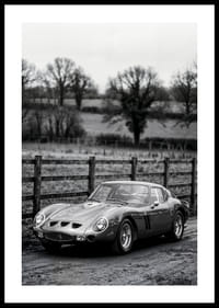 En klassisk Ferrari 250 GTO står ståtlig på en grusväg omgiven av träd.-0