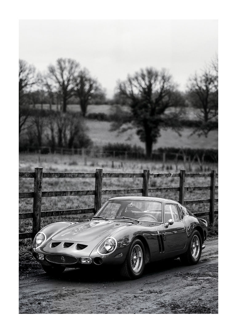 En klassisk Ferrari 250 GTO står ståtlig på en grusväg omgiven av träd.-12