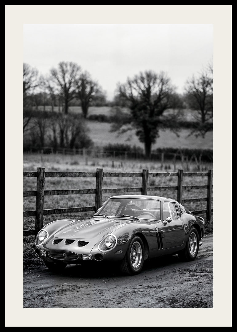 En klassisk Ferrari 250 GTO står ståtlig på en grusväg omgiven av träd.-12