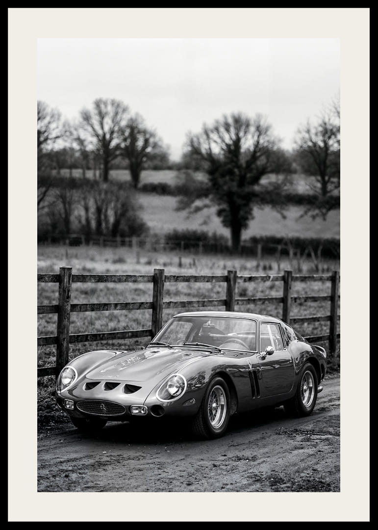 En klassisk Ferrari 250 GTO står ståtlig på en grusväg omgiven av träd.-12