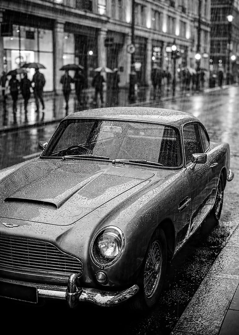En klassisk Aston Martin D85 fångad i regnets mystik.-12