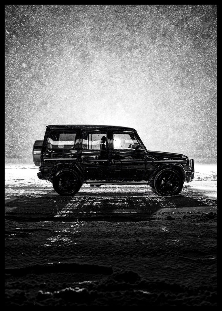 A silhouette of Mercedes-Benz, G-Wagon in snow-filled night creates a sense of adventure.-12