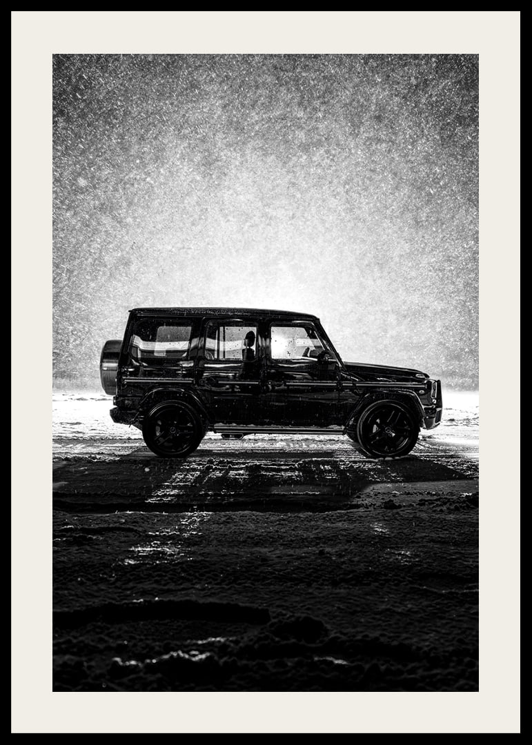 A silhouette of Mercedes-Benz, G-Wagon in snow-filled night creates a sense of adventure.-12