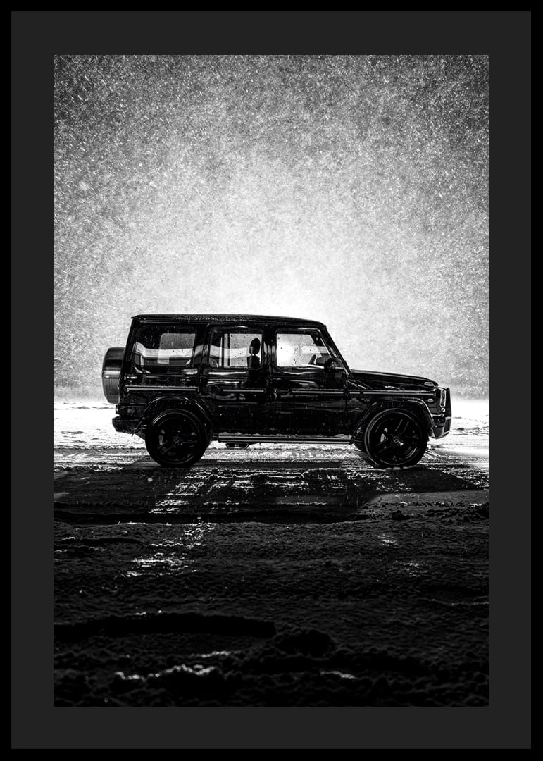 A silhouette of Mercedes-Benz, G-Wagon in snow-filled night creates a sense of adventure.-12