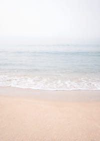 A misty coast where the sea meets the sand in soft tones.-7