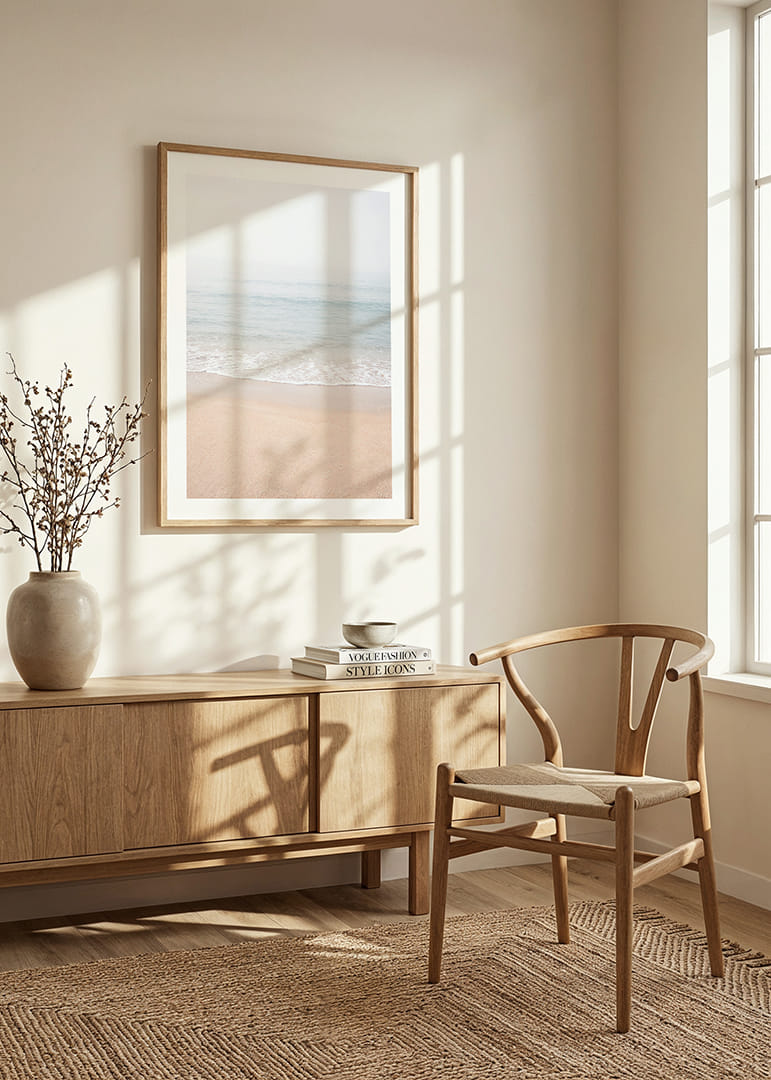 A misty coast where the sea meets the sand in soft tones.-12