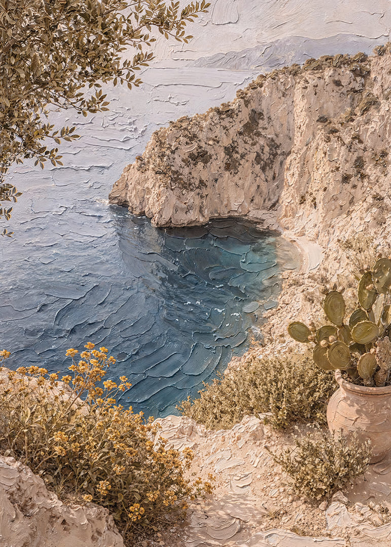 Harmonisk kyst med klipper og klart blått hav.-12