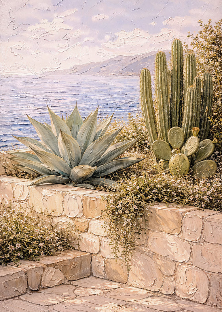 Les cactus en bord de mer créent une atmosphère harmonieuse et ensoleillée.-12