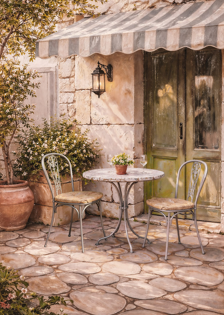 Napos kövek egy francia kávézó erkélyén.-12