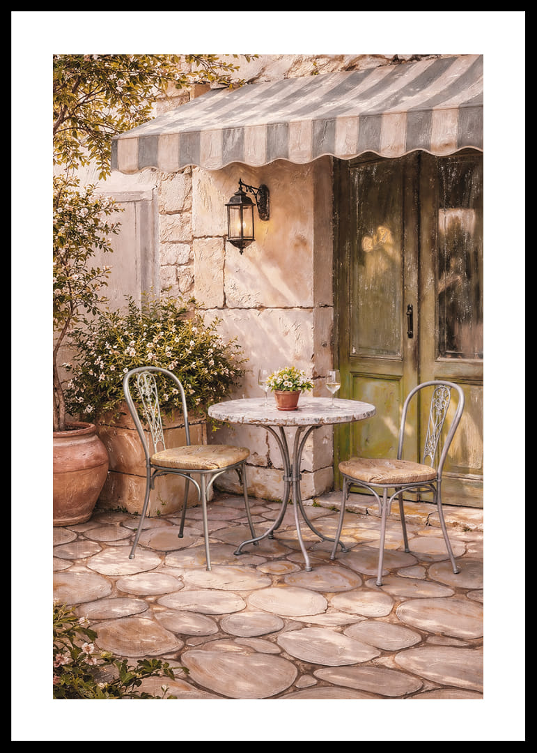 Napos kövek egy francia kávézó erkélyén.-12