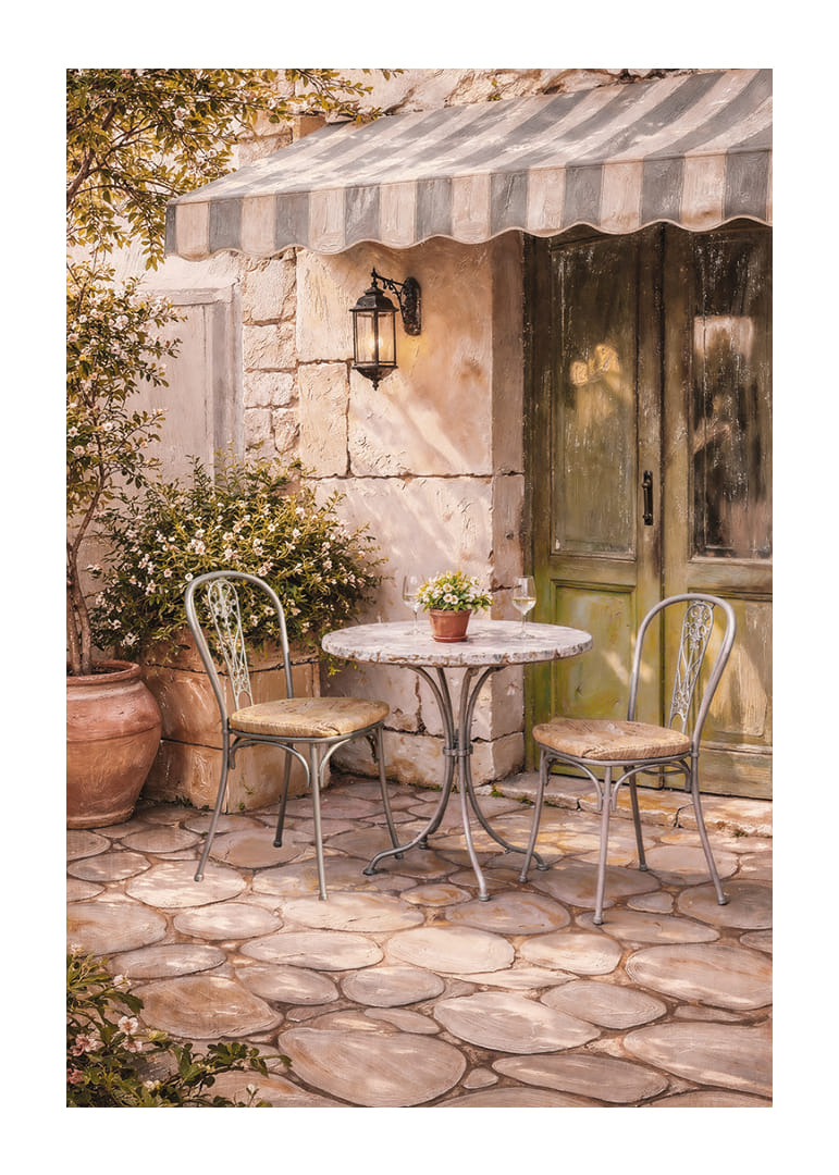 Napos kövek egy francia kávézó erkélyén.-12