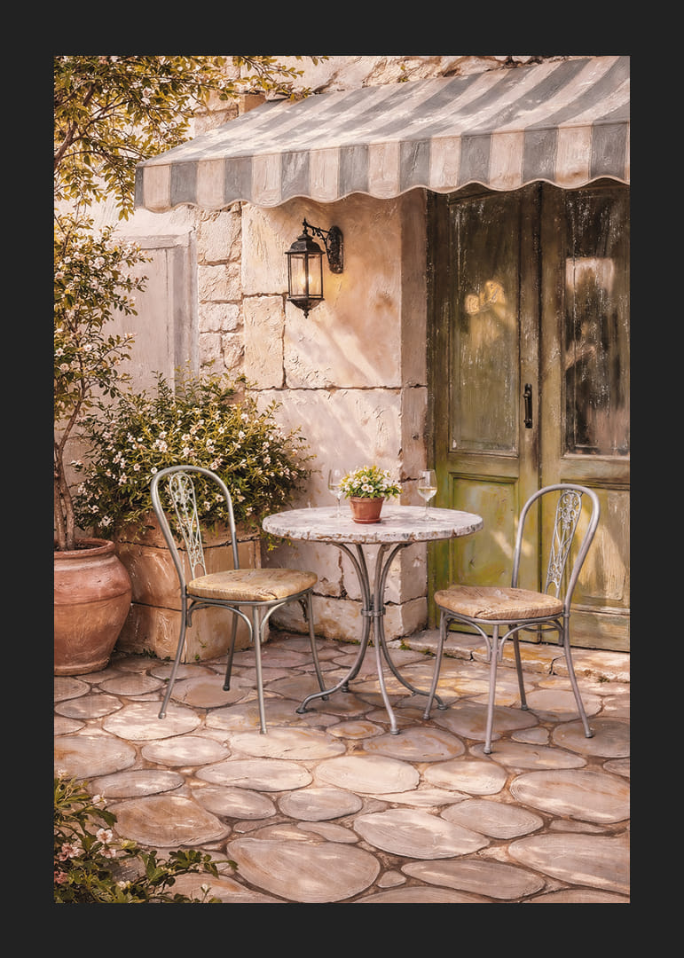 Napos kövek egy francia kávézó erkélyén.-12