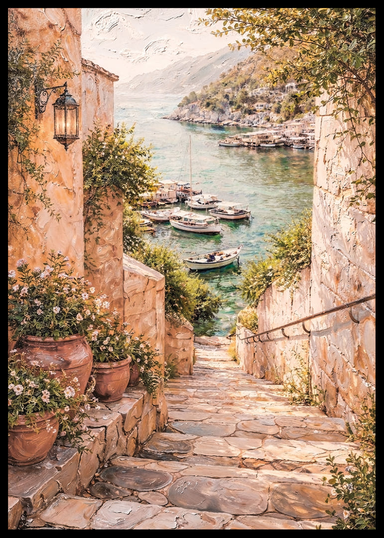 Egy bájos tengerparti ösvény vezet egy csendes kikötőbe, ahol hajók várják a látogatókat.-12