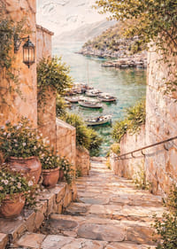 Egy bájos tengerparti ösvény vezet egy csendes kikötőbe, ahol hajók várják a látogatókat.-7