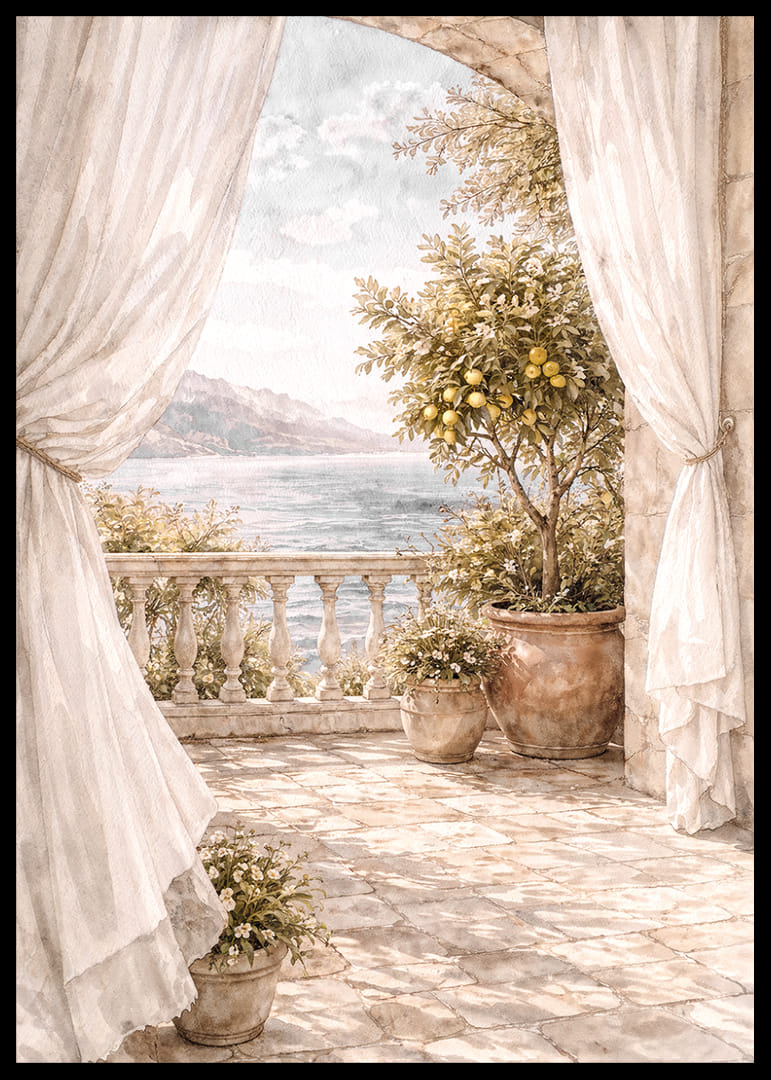 O terasă însorită cu vedere la o mare sclipitoare.-12