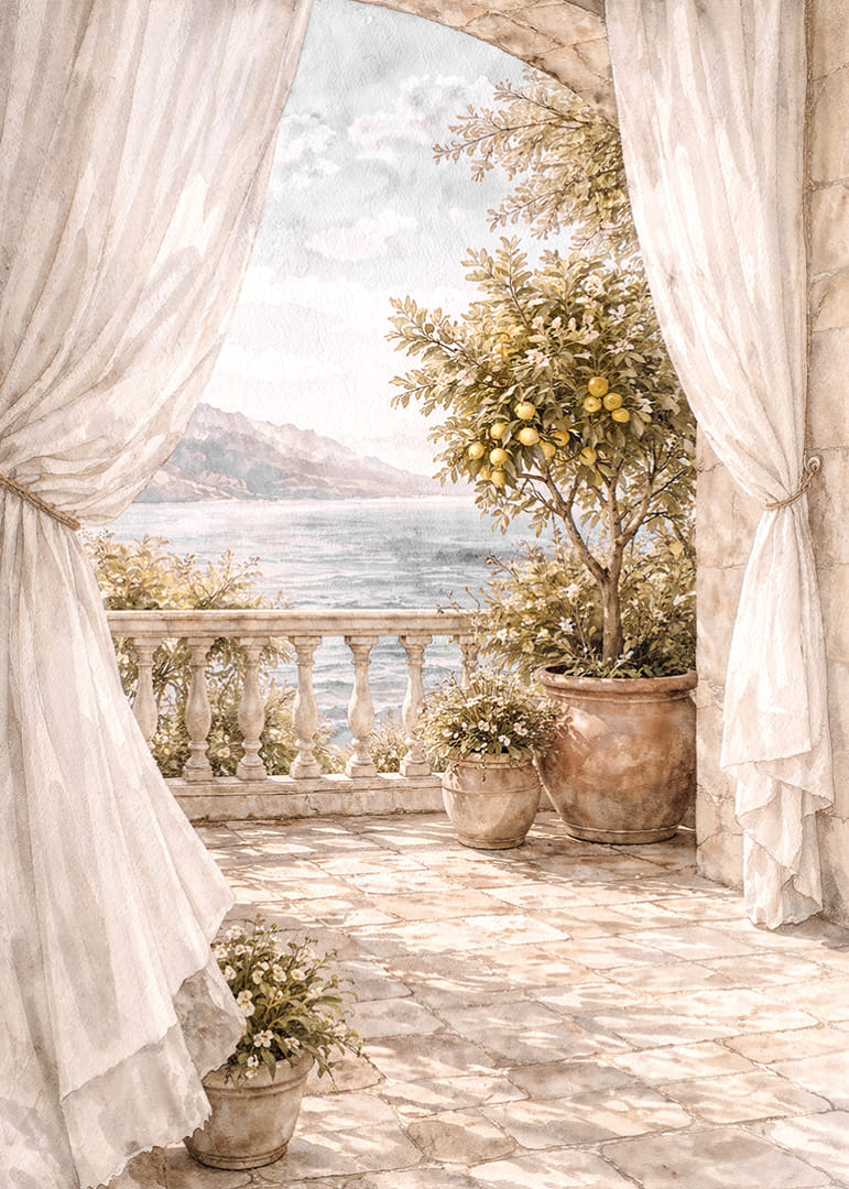 O terasă însorită cu vedere la o mare sclipitoare.-12