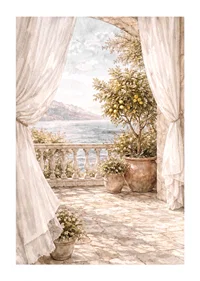 A sunny terrace overlooking a sparkling sea.-1
